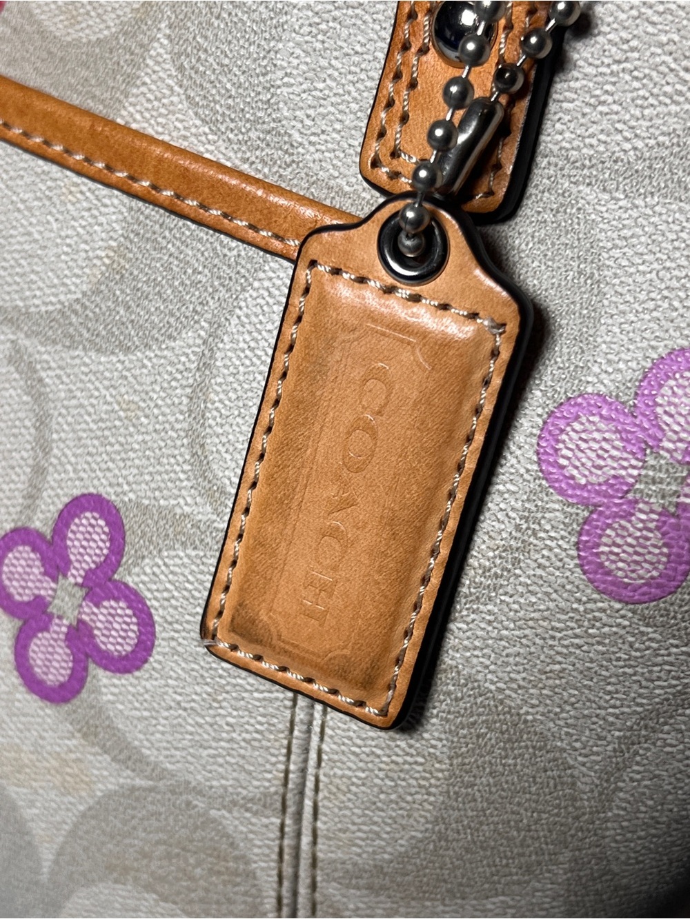 Coach Peyton Signature Canvas Tote in Purple and Pink Floral Print and Tan Trim - Picture 3 of 16